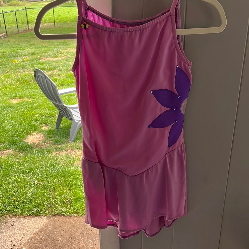 Pink Figure Skating Dress with Purple Flower Accent